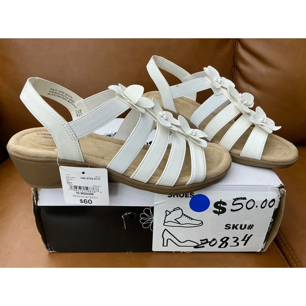 East 5th Ister Wedge Sandals Women 10 White New Floral Memory Foam Strappy